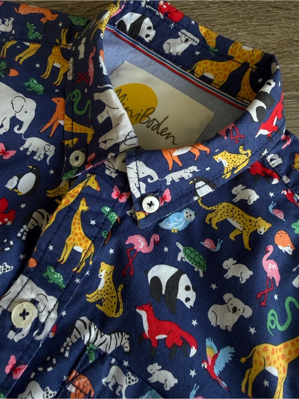 Mini Boden Navy Shirt with Colorful Animal Print 7-8